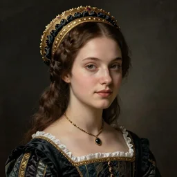 portrait of young woman in renaissance dress and renaissance headdress, art by stan lee