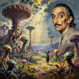 a beautiful alien landscape with strange life forms, painting by Thomas Kinkade and Salvador Dali