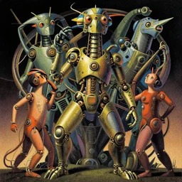 curious mechanical creatures,  colorful,modern art deco, illustration by Mads Berg and  Karolis Strautniekas,small finely stippled light, dramatic lighting,fine texutre,propaganda poster, editorial illustration, detailed,katsuhiro otomo, dynamic composition,moody, cinematic, film grain