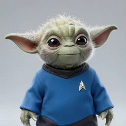 stunning award winning hyperrealistic hdr 8 k highly detailed photo of yoda wearing a blue star trek uniform