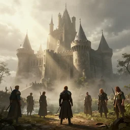 beautiful medieval castle, mist, sunrays, dust in the air, dnd character, unreal engine, octane render, dramatic lighting, pond, digital art, by stanley artgerm lau, greg rutkowski, thomas kindkade, alphonse mucha, loish, norman rockwell,