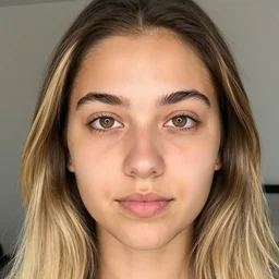 brunette with long dyed blonde hair, small nose, smaller mouth, heart shaped face, big forehead, lop eared, thin eyebrows, hazel eyes, darker skin, real life photograph