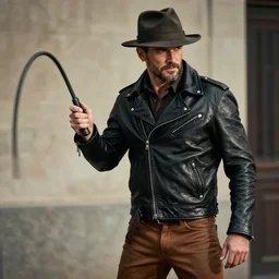 a handsome rugged man with five - o - clock - shadow in a black leather jacket, brown pants, full - brim fedora, swinging a bullwhip