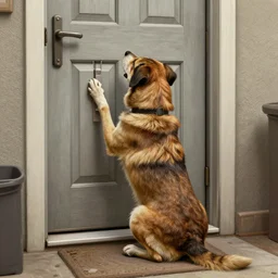 dog staying on bottom legs near door with gate value, concept art, trending on artstation, highly detailed, intricate, sharp focus, digital art, 8 k