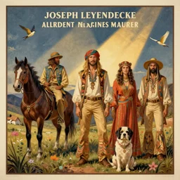 pulp art, artwork by Joseph Leyendecker and Robert McGinnis and Alfred Henry Maurer, 3d octane blender render, Hippie and boho fashion 1970s, horses, dogs, birds, progressive rock album cover