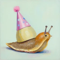 painting of a slug wearing a party hat