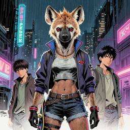 beautiful portrait commission of a female furry anthro hyena fursona wearing skater clothes. Cyberpunk city at night in the rain. Neon light. Atmospheric. Character design by charlie bowater, ross tran, artgerm, and makoto shinkai, detailed, inked, western comic book art