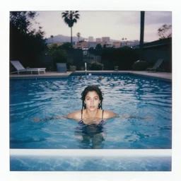 a woman in the pool, a women under water, film camera style, la piscine 1 9 6 9 film aesthetics, 1 9 7 0 s, polaroid, los angeles landscape, evening