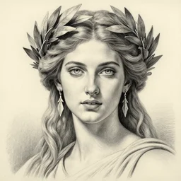 pencil drawing of the very beautiful greek goddess aphrodite wearing a laurel wreath with arrowhead earrings, piercing eyes, beautiful flowing hair, hyper realistic face, in the style of greg rutkowski, fantasy, amazing detail, epic, elegant, smooth, sharp focus
