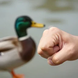 close up shot of mans fist punching a duck in the face in slow motion n - 9