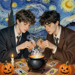 painting of young cute handsome beautiful dark medium wavy hair man in his 2 0 s named shadow taehyung and cute handsome beautiful min - jun together at the halloween party, bubbling cauldron, candles, smoke, tarot, autumn colors, elegant, stylized, soft facial features, delicate facial features, art by alphonse mucha, vincent van gogh, egon schiele