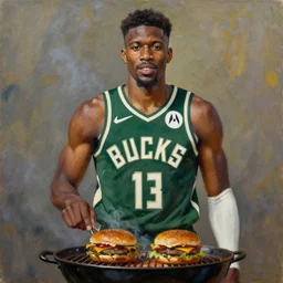 portrait of milwaukee bucks jrue holiday grilling burgers, oil on canvas painting by william sidyney mount, 1 9 3 3, trending on artstation