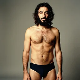 Photo of Osama Bin Laden in swimsuit, soft studio lighting, photo taken by Anne Liebovitz for Abercrombie and Fitch, award-winning photograph, 24mm f/1.4