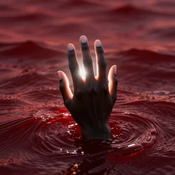 dark skin hands, emerging from deep red waves, lens flare, glowing light