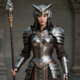 photo of a female warrior wearing metal bejewelled owl armour