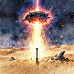 anime movie screenshot, paper texture, ( ( detailed watercolor ) ) one lonely character by tatsuyuki tanaka, vanishing point, by ghibli!!! nausicaa!!, desert!!!, crashed starship, rim light, long shadows, bright, miyazaki, vibrant, motion, airship, gloomy, dark, fire flies