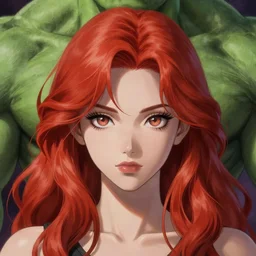 red haired anime girl as the incredible hulk, detailed drawing, big eyes, symmetrical face, female