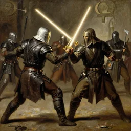 medieval oil painting depicting the jedi knights fight on geonosis in attack of the clones, realistic, sharp, uhd