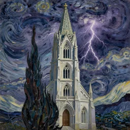 expressionist oil painting by van gogh of lightning storm over a tall gothic church, landscape painting, expressionism, 8 k resolution detailed art, small brushstrokes, watercolor palette