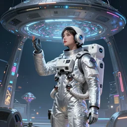 wearing silver white astronaut wardrobe girl catched an human structure alien inside an ufo, ssci-fi, neon light and fantasy, intricate and very very beautiful and elegant, highly detailed, digital painting, artstation, concept art, smooth and sharp focus, illustration, art by tian zi and WLOP and alphonse mucha