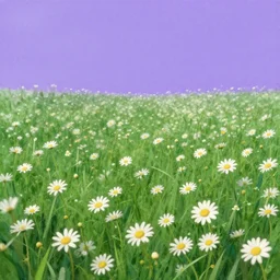field of green daisies, purple sky in background, matte painting