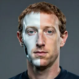 mark zuckerberg depicting a half robot half human face