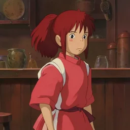 screenshot from a Disney animated film from 1990 from Hayao Miyazaki's Spirited Away of a cyborg with spiky red hair wearing a cloak coat in a seedy bar.