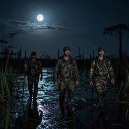 hunters from hunt showdown walking across a swamp at night, horror scene, moon light, bayou, silence,