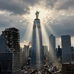 god rays illuminating a god in a destroyed modern city, award winning, cloudy sky, pictorialism, color, skyscraper, nuclear fallout