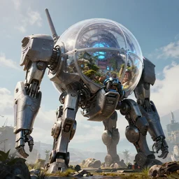 arcology oasis transparent dome resting upon massive robot mecha legs. unreal engine, octane, raytrace. horizon zero dawn, hawken 3 8 4 0 x 2 1 6 0