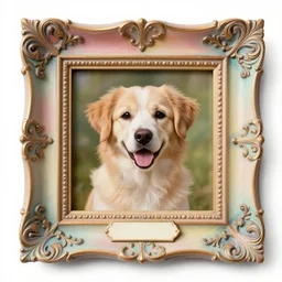 painted colorful wooden frame, elegant, 1 9 2 0 s, for a square picture of a happy dog. the frame is ornate and has room for the name tag of the dog. digital art