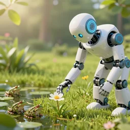 close-up of a robot reaching down to grab a single flower in the grass, utopian grassy landscape background, pond with frogs and lilypads, sun shining through the leaves, highly detailed, high quality, HD, 4k, 8k, Canon 300mm, professional photographer, 40mp, lifelike, top-rated, award winning, realistic, sharp, no blur, edited, corrected, trending
