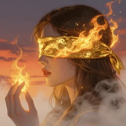 woman portrait, face profile, gold, fog, blindfold, flames, magic, sunset, D&D character, by greg rutkowski, epic fantasy, detailed illustration, hd, 4k, overdetailed art by Alfons Mucha, complementing colors, Trending on artstation, deviantart