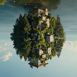 a very high resolution image from a new movie, upside - down building, forest, sea, sky, mirror, beautiful scenery, photorealistic, photography, directed by wes anderson
