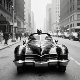 old black and white photo, 1 9 1 3, depicting batmobile from dark knight rampaging through the bustling streets of new york city, rule of thirds, three - point perspective, historical record
