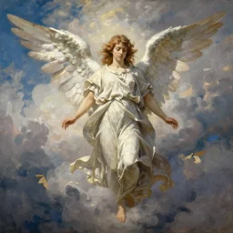 painting of an angel surrounded by clouds by george frederic watts