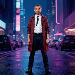 full body portrait of mr bean in bladerunner 2 0 4 9 cinematic, movie lighting, vibrant colors, night
