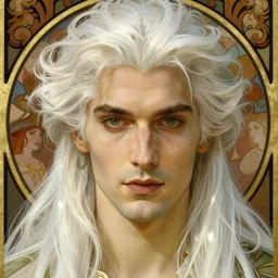 realistic detailed face portrait of a beautiful vampire prince with long white hair by alphonse mucha, ayami kojima, amano, greg hildebrandt, and mark brooks, male, art nouveau, neo - gothic, gothic