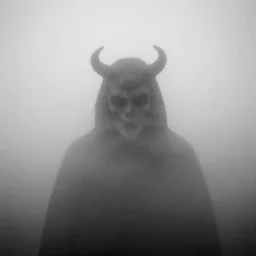 a demon's face coming out of the fog, extremely dense fog, black and white, grainy film photo, scary, 8 k, high quality