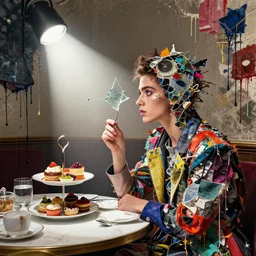 a person, sitting in a cafe, high tea in england, side portrait, passionate, spotlight, dramatic, paint drips, textiles, collage, mixed media, paint splatter, scraps, vibrant colors, futuristic clothing, beautiful eyes, broken glass, by marco paludet, by jeremy mann, by hannah hoch