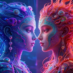 two psychedelic realms melding into each at the edge of existence, highly detailed, illustration in the style of synthwave, artstation, behance, unreal engine, blender eevee, volumetric lighting, raytraced lighting, sharp focus