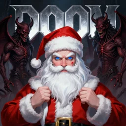( doom ) cover featuring santa!! claus!! surrounded by demons, by jimmy presler, artstation, vivid gaze, blue eyes