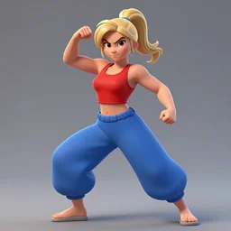 photorealistic Disney, an short, cute, athletic young woman with blonde ponytails, a determined and enthusiastic expression, wearing a red tank top and voluminous blue pants, concept art, full body shot, action pose, trending on pixiv