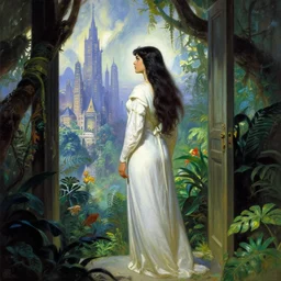 A beautiful jungle princess wearing white robes stands in a doorway looking out over a fantastical city, by Frank Frazetta and michael whelan