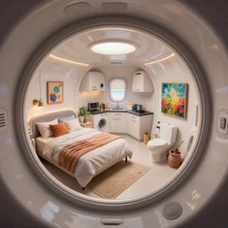 a stylish bedroom interior, scifi plastic capsule apartment, kitchen, toilet, painting by Craig Mullins, octane rendering, soft lighting, wide angle lens, worm's-eye view, in the style of Pixar animation, trending on artstation,