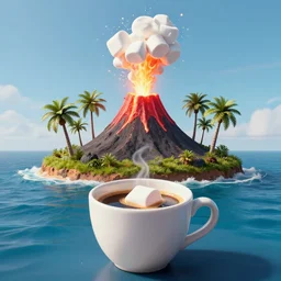 a volcano erupting marshmallow on an island with palm trees in a cup full of coffee