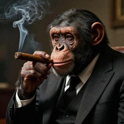 a chimp wearing a suit smoking a cigar, dramatic lighting, cinematic, establishing shot, extremly high detail, photorealistic, cinematic lighting, artstation, style by James Gurney