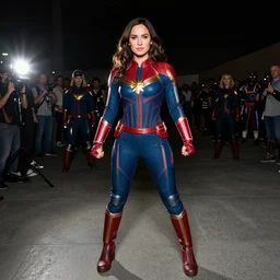 megan fox cosplaying as captain marvel, dragoncon, flash photography, wide angle, full length, 3 5 mm, f / 2. 8