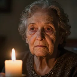 a close up portrait of one lonely old underweight lady frozen, full colour, hyper realistic photo, candle light, dramatic shadows, shallow depth of field, upscale, 8 k, masterpiece,