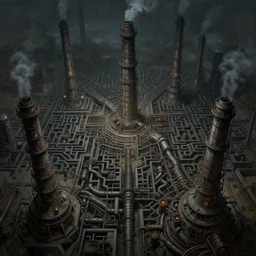 futuristic dystopian endless, intricate, complex, labyrinthine, byzantine, tangled, industrial complex, smokestacks, pipelines and ducts and vents, oil painting, smoke, night, gloomy, dark, dramatic, cinematic, volumetric lighting, gods eye view, muted colors